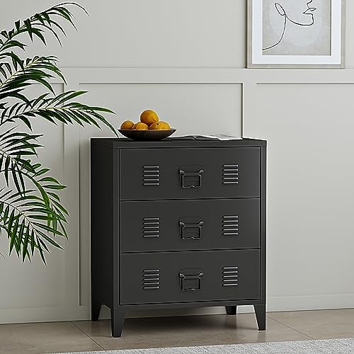 [en.casa] Kommode Hämeenlinna Metallschrank mit 3 Schubladen Mehrzweckschrank Stahl Wohnzimmer Büro Industrial Aktenschrank 60 x 40 x 72 cm Schwarz