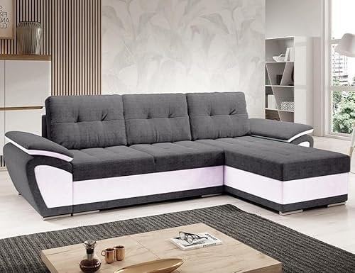 Easy4You ENZO Grau/Weiß Ecksofa L-Form Rechts 268 x 97 x 157 cm mit Schlaffunktion und Stauraum - Schlafsofa mit Bettkasten - Moderne Wohnzimmermöbel – Stoff: SORO 93 + Soft 17