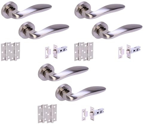 HANDLEZONE® 3 Sets Lagus Internal Door Handles on Rose Lever Latch Packs with 75mm Ball Bearing Hinges and 76mm Latches - Dual Polished/Satin Nickel