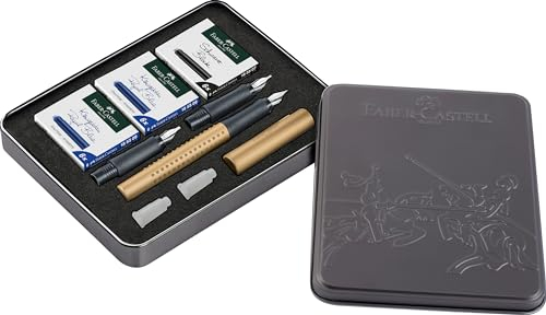 Faber-Castell 201518 - Kalligrafie Set Grip Gold, Füller F mit Ersatzfedern 1,4 mm und 1,8 mm, inklusive Tintenpatronen schwarz und königsblau