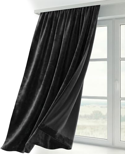 BEAUTEX Samt Vorhang Kräuselband U-Band Gardine Velvet abdunkelnd und Blickdicht, 140x145 cm (Breite 140 cm, Höhe 145 cm, Schwarz)
