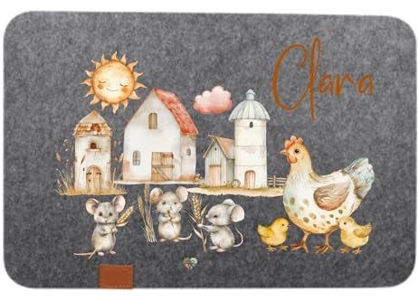 wolga-kreativ personalisiertes Tischset Filz Platzdeckchen Platzset für Kinder und Kleinkinder Bauernhof Maus Huhn mit Namen Bedruckt Geschenk Taufe Geburt Einschulung