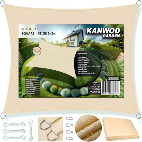 KANWOD Quadratische Sonnensegel Wasserdicht 2 x 2 m, UV-Schutz, 180 g/m² Gewebe, inkl Befestigungsseile, Seilspannmarkise für Balkon, Terrasse, Patio und Garten (Beige, 2x2 m)