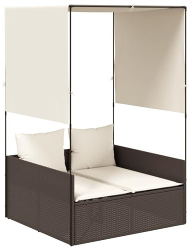 vidaXL Doppel Sonnenliege, Gartenliege mit Dach Vorhängen, Doppelliege für Garten Terrasse, Relaxliege Sonnenbett Gartenmöbel, Braun Poly Rattan