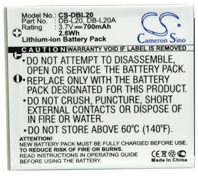 700mAh 2.59Wh DB-L20 DB-L20A Battery Replacement for Sanyo Xacti DMX-C1 Xacti DMX-C4(D) Xacti DMX-C4(L) Xacti DMX-C4(N) Xacti DMX-C40(S) Xacti DMX-C5(S) Xacti DMX-C5(T) Xacti DMX-C5(W) Xacti DMX-C6(K)