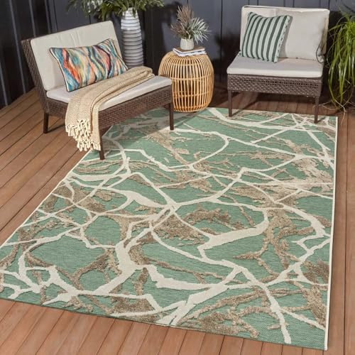Taracarpet In & Outdoor Teppich Wetterfest Wohnzimmer Balkon Küchenteppich Terrassenteppich Flachgewebe mit Muster Marmor Optik grün 200x290 cm