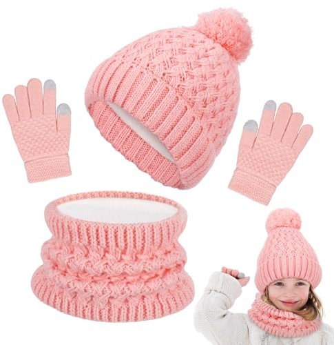 Lvefyti Kinder Wintermütze Schal Handschuhe Set Mädchen Strickmütze Warme Wintermütze Beanie Hut Runder Schal Handschuhe Set für Kinder 2-6 Jahre (Rosa)