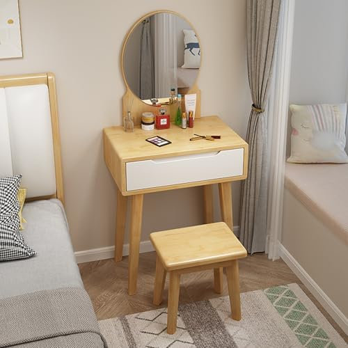 Schminktisch mit Stuhl, hochauflösendem Spiegel und großen Schubladen, Schminktisch aus Massivholz ohne Beleuchtung, Kommode mit Spiegel, für kleine Räume oder Schlafzimmer(White+Natural,23.6in)
