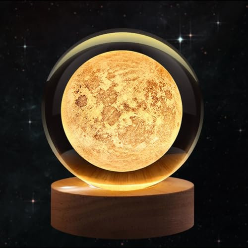 Flexzion 3D Moon Crystal Ball Night Light - LED Light Hologram Glass Lamp w/Solid Wood Base, USB Powered Crystal Ball Lamp w/Adjustable Brightness for Home Decor Display Gift, 3.15 inch (80mm)