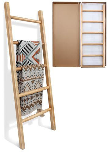 SEKSON Fully Assembled 5-Tier Wooden Blanket Ladder - Living Room, Decorative, Wall Leaning, Farmhouse, Quilt Display Holder, Rustic, Wooden Towel Rack for Bathroom, Brown