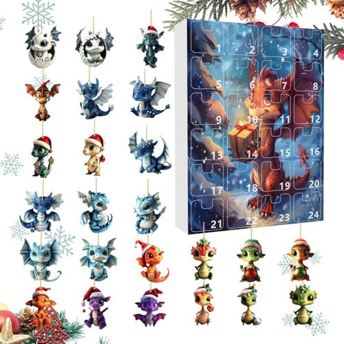 Syayw Adventskalender 2024 Weihnachtsdrache, Adventskalender 2024 für Weihnachten, Dinosaurier-Anhänger Acryl 2024, Countdown-Kalender, Weihnachtskalender, inkl