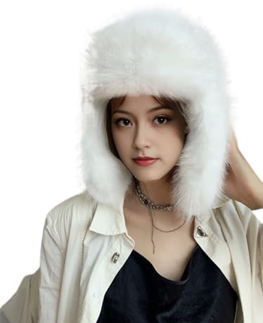 JDYaoYing Damen Kunstpelzmütze Wintermützen Uschanka Trapper Hut mit Ohrenklappen Russische Mütze Wärmer, weiß, 49