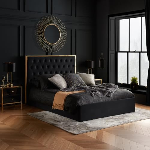 happybeds Ottoman Bed, Walton Black and Gold Velvet Ottoman Bed (Black and Gold, King (U.K. Standard))