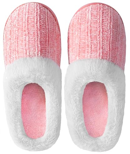 MIXIN Slippers for Women Memory Foam Fuzzy House Slippers Bedroom Non-slip Warm Womens Shoes Pink Size 5