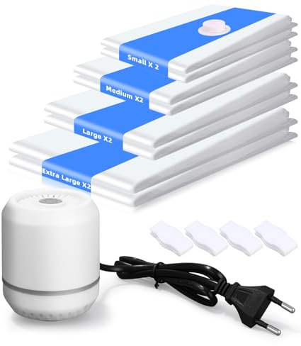 Cexovo Vakuumbeutel für Kleidung 8er Pack (2Jumbo/2groß/2mittel/2klein) Vakuumbeutel für Kleidung mit elektrischer Luftpumpe Vakuumbeutel für Bettdecken Matratzen Decken Bettwäsche Reisen Umzug