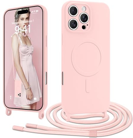 Ethanger Coque Magnétique pour iPhone 16 Pro Max avec Cordon, Rose | Housse de Protection Compatible avec MagSafe en Silicone TPU Etui Case Ultra Fine