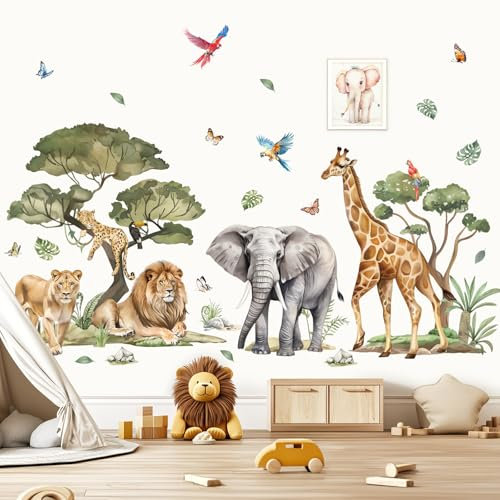 wondever Wandtattoo Safari Tiere Baum XXL Wandaufkleber Dschungel Tiere Löwen Elefant Giraffe Wandsticker Wanddeko für Kinderzimmer Babyzimmer Schlafzimmer