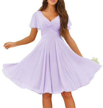 Abiti da damigella d'onore in chiffon da donna per pieghe da sposa all'aperto abiti da cocktail taglie forti, Lilla, 52