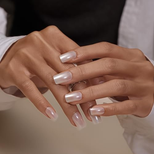 KQueenest Chrome Press on Nails Short Medium Square, White False Nails Short Coffin, Sparkly Glitter Fake Nails with Glue, Bling Glazed Finish, Reusable Acrylic Stick on Nail for Women Weddings 24 Pcs