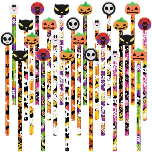 SULOLI 24 Pezzi Matite di Legno Halloween,Matite Colorate di Fumetto con Gomma,Gadget Regali Festa di Halloween per Bambini,Premi Scolastici