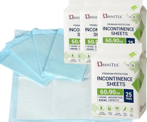 100x Omnitex 1400ml 60x90cm Disposable Bed Pads, Kind to sensitive Skin Incontinence Bed Pad, Mattress Protector Sheets, Dog Pads, Training Pads, Nappy sheets, Bed Wetting Sheet, Baby Changing mat