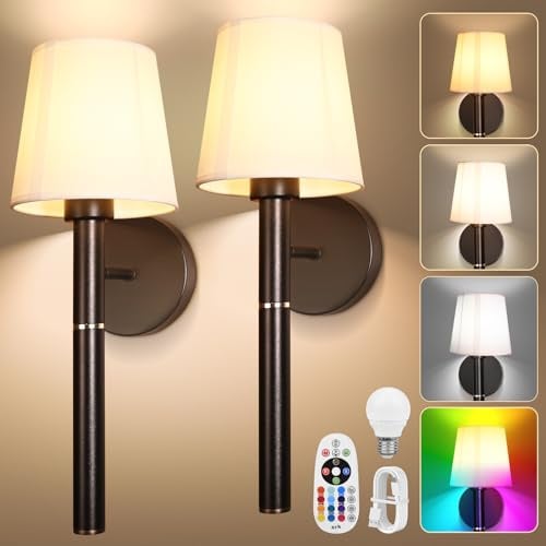 Bawoo Akku Wandleuchte Innen, 2 Pack Batteriebetrieben Wandlampe für den Innenbereich mit Abnehmbarem 5200mAh Ladestab und Dimmbarer Fernbedienung, 3 Farbige Kabellose Wandleuchten (Schwar-12 RGB)