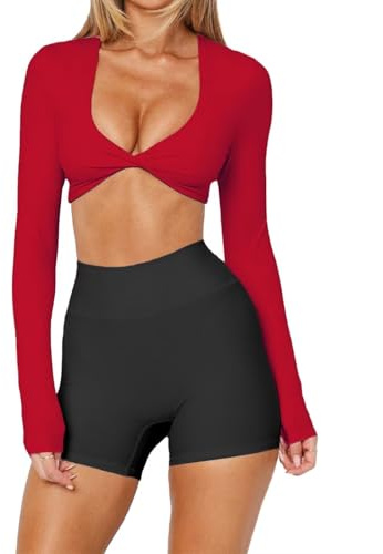 BONITEE Women Long Sleeve Crop Tops Deep V Neck Ballet Shirts Yoga Top Pilates Tshirt Gym Athletic Clothes Sports Tees,Red,S