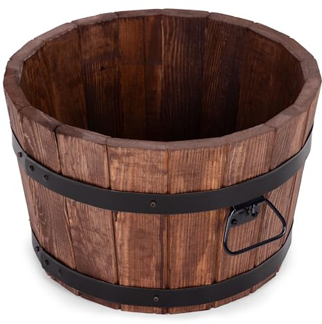 Drewdon Großer Holz Blumentopf Runder Garten Pflanzkübel mit Metallringen Dekoratives Holzfass als Pflanztopf Wetterfeste Blumenkübel für draußen Balkon Terrasse & Garten (braun, Ø35 x H21)