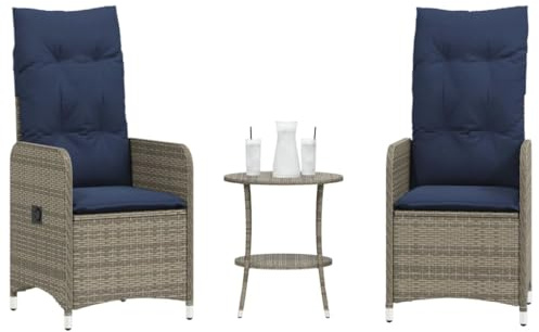 Teenpull Gartenstühle Verstellbar 2er Set Grau, Poly Rattan Loungesessel mit Kissen, Gartentisch, UV-beständig, 110 kg Tragkraft, für Terrasse, Balkon