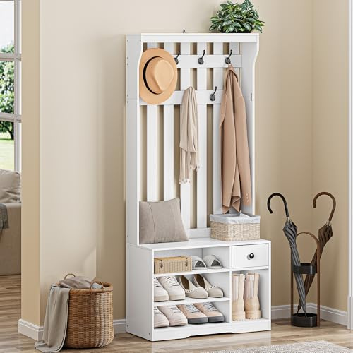 YITAHOME Garderobenständer mit Schuhbank, 7 Haken Stoff Schublade Garderobe | Flurgarderobe, Kleiderständer Schuhschrank, Garderobenschrank Holz für Diele Flur Wohnzimmer, Schuhschrank, 80x35x180cm