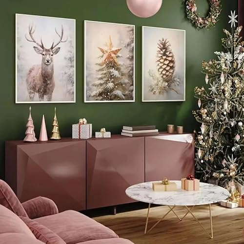 PEWFBS Retro-Weihnachtsbaum, Rentier-Tannenzapfen-Poster, Winterfest-Wandbild im Landhausstil, moderne Wohnungsdekoration (30 x 45 cm x 3/ohne Rahmen)