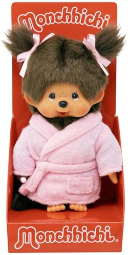BANDAI - Monchhichi - Plüschtier Monchhichi Rosa Bademantel - Ikonisches Affenkuscheltier der 80er Jahre, Superweiches Kuscheltier 20 cm für Kinder - Spielzeug für Kinder ab 2 Jahren - SE203802