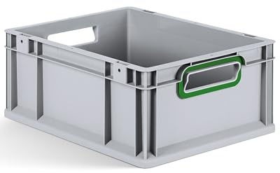 aidB Eurobox NextGen 2.0 - 400x300x170mm – Stapelbare 16L Kunststoffbox mit offenen Griffen – Lagerbox für Aufbewahrung, Transport & Organisation – Industriequalität - inkl. ColorClips in Grün