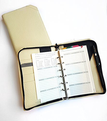 Terminplaner HelfRecht Leder-Ringbuch Classic S mit Reißverschluss/Wochenplaner/Terminplaner bis Dez. 2024 - creme