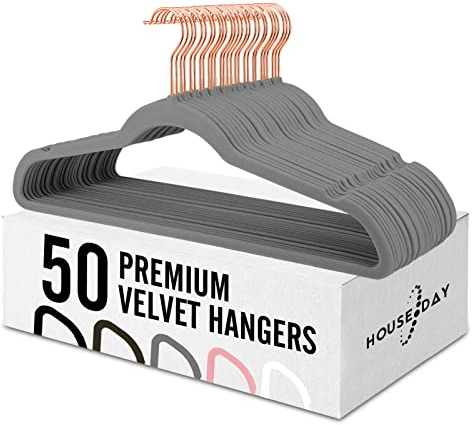 House Day Heavy Duty Velvet Hangers 50 Pack for Adults(45cm) - Grey Luxury Hanger Non-slip Flocked Hangers for Clothes with 360° Swivel Hook,Space Saving Coat Hangers Durable Felt Hangers for Suit
