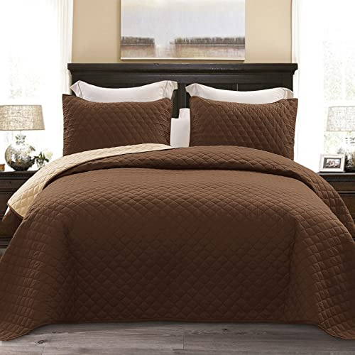 Exclusivo Mezcla Reversibel Tagesdecke als Bettüberwurf mit Kissenbezüge | 220x240 CM, Große Wohndecke Steppdecke für alle Jahreszeiten, leicht und weich, Maschinenwaschbar, Braun