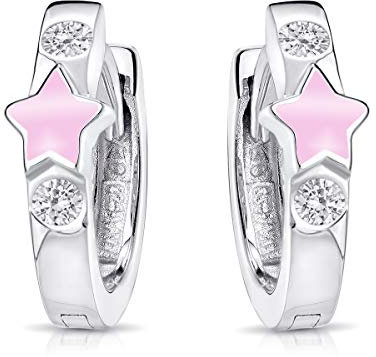 MATERIA Kinderohrringe Silber 925 Mädchen Creolen Stern rosa Kinder-Schmuck in Etui SO-401-Rosa