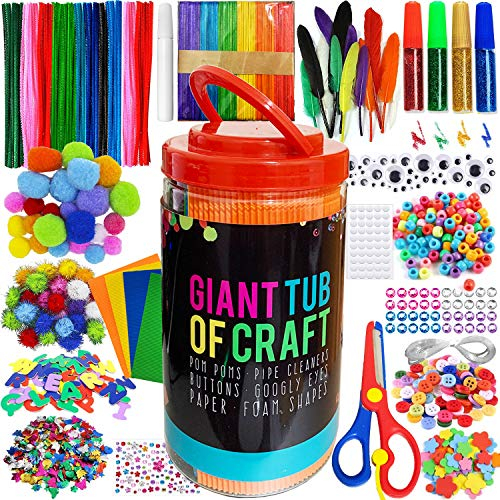 MOISO Kids Crafts and Art Supplies Jar Kit with Idea Book - Make Bracelets and Necklaces - Plus Glitter Glue, Construction Paper, Colored Popsicle Sticks, Eyes, Pipe Cleaners