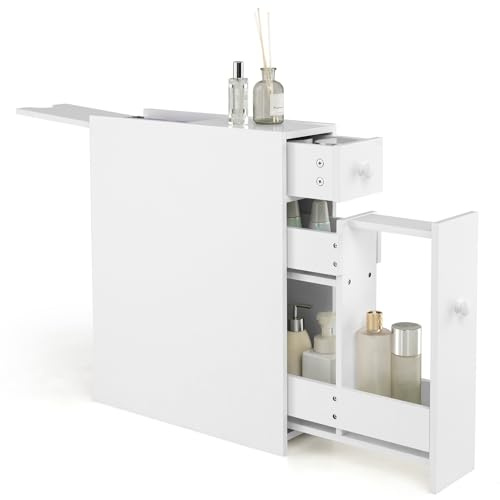 RELAX4LIFE Badschrank aus Massivholz, Mehrzweckschrank mit Schubladen, Seitenschrank für Küche & Bad & Wohnzimmer, Organizer für Bad-Zubehör | Zeitschrift | Dekos, 48,5 x 16 x 58 cm (Weiß)