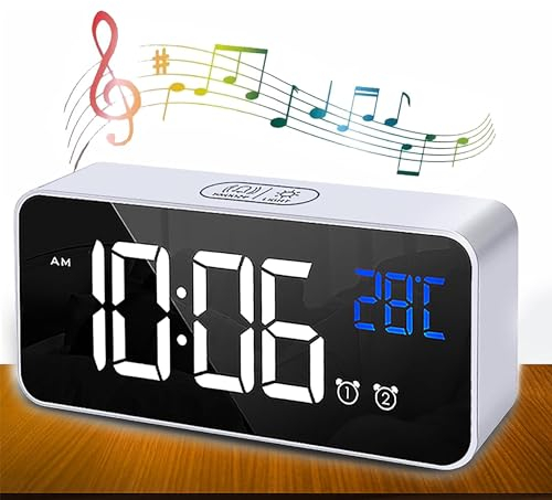 Digital Wecker, Große LED Temperaturanzeige, USB Wiederaufladbar, 2 Alarmen, Snooze Funktion, Sprachsteuerung Funktion, 4 Helligkeiten, 13 Musik, LED Digitaluhr Spiegelalarm Tischuhr (Weiß)