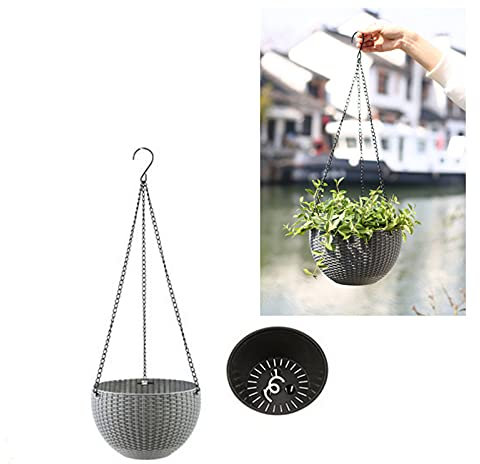 2 Stück Blumentopf Hängend Balkon Blumenampel, Kunststoff Rattan Hängekorb mit Kettenhaken, Selbstbewässerung Blumenampeln für Garten, Balkon, Fensterbank (Grau,Mit selbstansaugendem Baumwollseil)