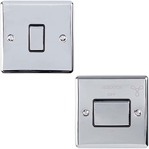 CHROME Bathroom Switch Set - 1x Single Light Switch | 1x 6A Extractor Fan Isolator Switch - Decorative Rounded Wall Face Plate - Single Gang Mains Shower Steam Extraction