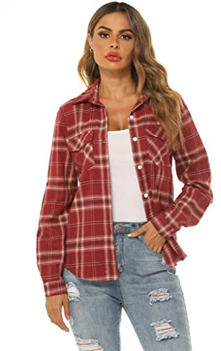 Ietaoo Damen Karo Bluse Kariertes Hemd Blusenshirt Langarm Casual Boyfriend Hemdbluse Oberteile Elegant Flanell Bluse Hemden Weinrot L