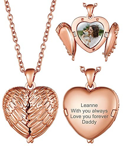 GoldChic Alas Medallon se Abre Foto Personalizado Cadena con Foto Grabada Angel Wings, Oro de Rosa