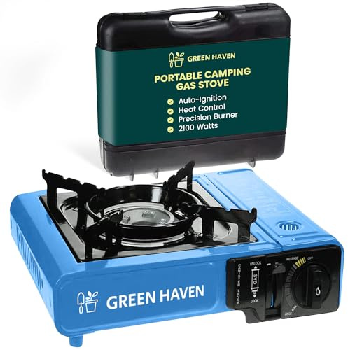Green Haven Camping Cooker | Portable Gas Stove Single Burner & Carry Case | EN417 COMPLIANT: auto ignition · adjustable heat · butane · hiking · BBQ · outdoor cooking · lightweight · backpacking