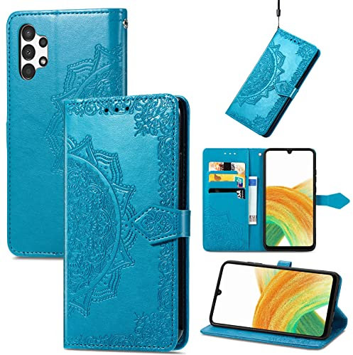 Fertuo Hülle für Samsung Galaxy A13 4G, Handyhülle Leder Flip Case Tasche mit Kartenfach, Magnet und Standfunktion [Mandala Muster] Handy Schutzhülle Ledertasche für Galaxy A13 4G, Blau