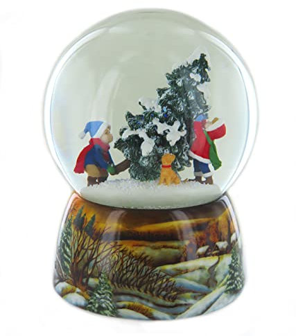 Lutèce Créations Bola de nieve con bola de nieve para Navidad, con globo de cristal y niños que llevan un árbol (ref: 59079)