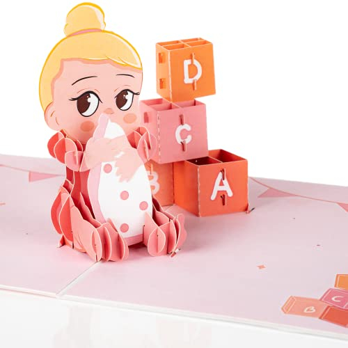 LIMAH® Pop Up 3D Baby Karte/Geschenkkarte, Glückwunschkarte zur Geburt für Mädchen/In Rosa/Motiv Baby Mädchen mit Fläschchen