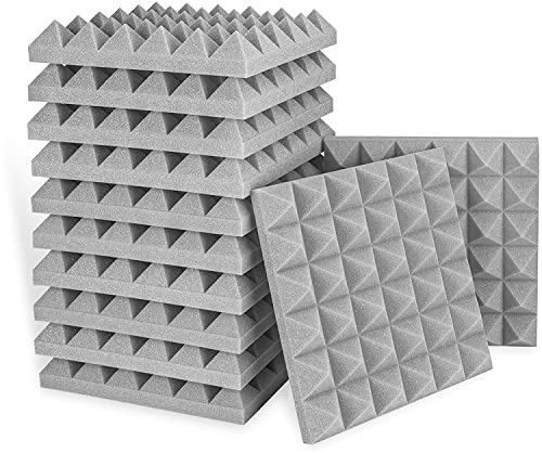 Mousse Acoustique Pyramide, 12 Pack Mousse Acoustic pour Podcasting, Studios d'enregistrement, Bureaux, Apprentissage à Domicile, Panneaux Insonorisants(30 X 30 X 2.5 cm) (Gris)