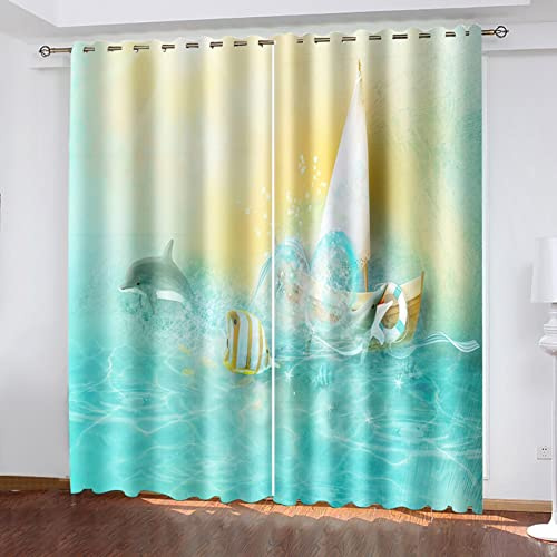 AMDXD Blue Window Curtains, Blackout Sailing Boat Tropical Fish Whale Polyester Curtain 264 x 214 cm